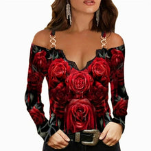 Load image into Gallery viewer, T-shirt  Metal Shoulder Strap Long sleeved  Lace Rose