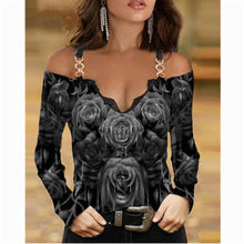 Load image into Gallery viewer, T-shirt  Metal Shoulder Strap Long sleeved  Lace Rose
