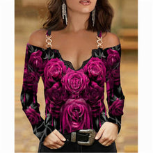 Load image into Gallery viewer, T-shirt  Metal Shoulder Strap Long sleeved  Lace Rose