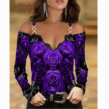 Load image into Gallery viewer, T-shirt  Metal Shoulder Strap Long sleeved  Lace Rose