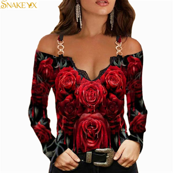 T-shirt  Metal Shoulder Strap Long sleeved  Lace Rose