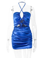 Women Solid Color Dress Sexy Hollow Halter Neck Crisscross