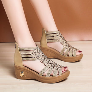 Sandals Platform Wedge Hollow Out Rhinestones Cover Heel