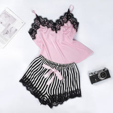 Load image into Gallery viewer, Satin Pajama Set Women Spaghetti Strap Cami Striped Shorts Pajama Set