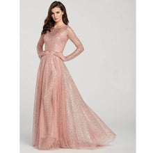 Load image into Gallery viewer, Sequined A Line Jewel Evening Dresses Floor Length Pink Long Sleeves