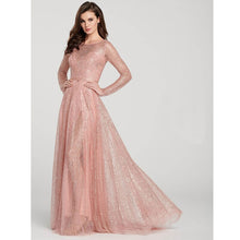 Load image into Gallery viewer, Sequined A Line Jewel Evening Dresses Floor Length Pink Long Sleeves