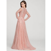 Load image into Gallery viewer, Sequined A Line Jewel Evening Dresses Floor Length Pink Long Sleeves