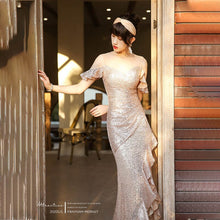 Load image into Gallery viewer, Sequins New Lace O Neck Evening Dress Short Sleeves Pleat Floor length