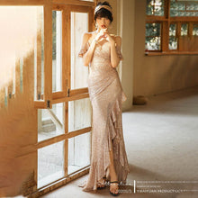 Load image into Gallery viewer, Sequins New Lace O Neck Evening Dress Short Sleeves Pleat Floor length