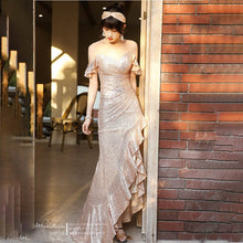 Load image into Gallery viewer, Sequins New Lace O Neck Evening Dress Short Sleeves Pleat Floor length