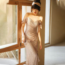 Load image into Gallery viewer, Sequins New Lace O Neck Evening Dress Short Sleeves Pleat Floor length