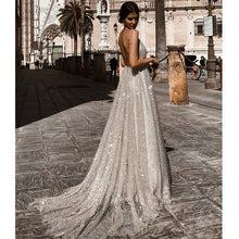 Load image into Gallery viewer, Sexy A Line Deep V Neck Sequined Evening Dresses Floor Length Silver