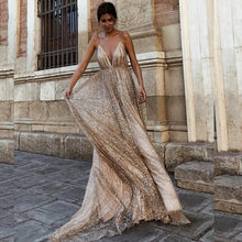Load image into Gallery viewer, Sexy A Line Deep V Neck Sequined Evening Dresses Floor Length Silver