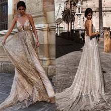Load image into Gallery viewer, Sexy A Line Deep V Neck Sequined Evening Dresses Floor Length Silver