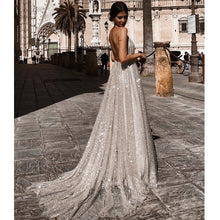 Load image into Gallery viewer, Sexy A Line Deep V Neck Sequined Evening Dresses Floor Length Silver