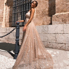 Load image into Gallery viewer, Sexy A Line Deep V Neck Sequined Evening Dresses Floor Length Silver