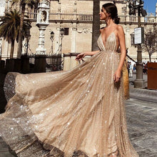 Load image into Gallery viewer, Sexy A Line Deep V Neck Sequined Evening Dresses Floor Length Silver