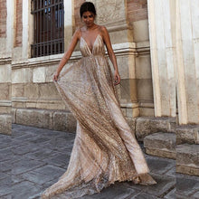 Load image into Gallery viewer, Sexy A Line Deep V Neck Sequined Evening Dresses Floor Length Silver