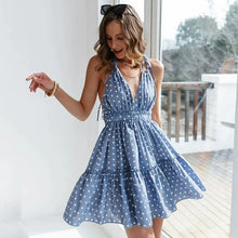 Load image into Gallery viewer, Sexy Blue Women Dress V neck Polka Dot Spaghetti Strap Beach Summer