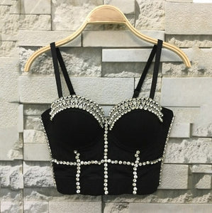 Sexy Crop Top with Rhinestone Bustier Push Up Bra  for Women White