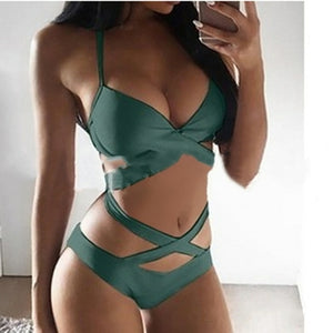 Sexy High Waist Women Bra Set  Solid Cross Bandage Halter Swimsuit New