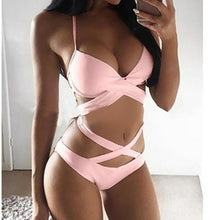 Load image into Gallery viewer, Sexy High Waist Women Bra Set  Solid Cross Bandage Halter Swimsuit New