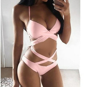 Sexy High Waist Women Bra Set  Solid Cross Bandage Halter Swimsuit New