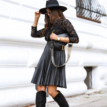 Load image into Gallery viewer, Sexy Lace Patchwork Pleated Mini Dress Woman Fall Stand Neck Long