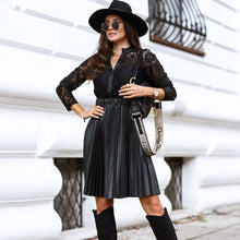 Load image into Gallery viewer, Sexy Lace Patchwork Pleated Mini Dress Woman Fall Stand Neck Long