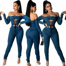 Load image into Gallery viewer, Sexy Nightclub Wear Women Solid Slash Neck Denim Jumpsuits - Sophornlilly