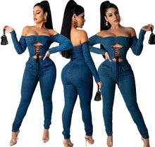 Load image into Gallery viewer, Sexy Nightclub Wear Women Solid Slash Neck Denim Jumpsuits - Sophornlilly