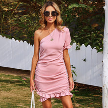 Load image into Gallery viewer, Sexy Pink One Shoulder Bodycon Asymmetrical Dress Women Summer Slim - Sophornlilly