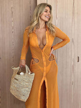 Load image into Gallery viewer, Sexy See through Beach Dress Single breasted Long sleeved High Slit