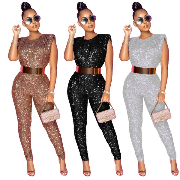 Sexy Sequins Sleeveless O Neck Bodycon Jumpsuit Women Night Party