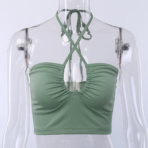 Sexy Solid Lace Up Bow Halter Ruched Crop Top Fashion Sleeveless