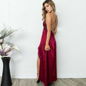 Sexy Spaghetti Strap Burgundy Evening Dress Satin Side Split Long