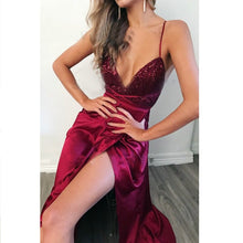 Load image into Gallery viewer, Sexy Spaghetti Strap Burgundy Evening Dress Satin Side Split Long