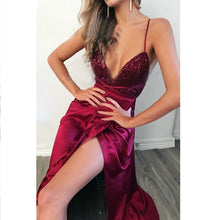 Load image into Gallery viewer, Sexy Spaghetti Strap Burgundy Evening Dress Satin Side Split Long