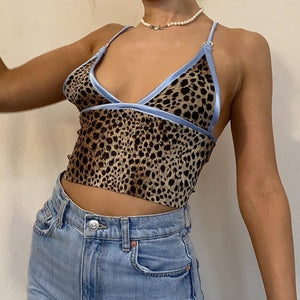 Sexy Stain Patched Leopard Y2K Top With Thin Strap Backless New