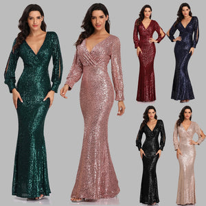 Sexy V neck Mermaid Evening Dress Long Formal Prom Party Gown Full