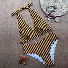 Load image into Gallery viewer, Sexy Wave Halter Black Yellow Striped Bikini Women Swimwear Female - Sophornlilly