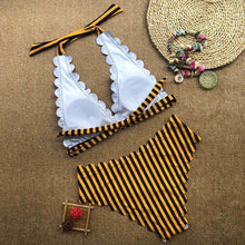 Load image into Gallery viewer, Sexy Wave Halter Black Yellow Striped Bikini Women Swimwear Female - Sophornlilly