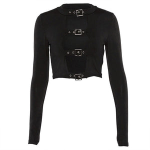 Sexy Women Crop Tops Hollow Out Buckle Long Sleeve Female Bodycon Tops