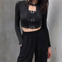 Load image into Gallery viewer, Sexy Women Crop Tops Hollow Out Buckle Long Sleeve Female Bodycon Tops