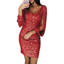 Load image into Gallery viewer, Sexy Women Dress Sequins Glitter Sparkle Deep V Neck Sequins Tassel
