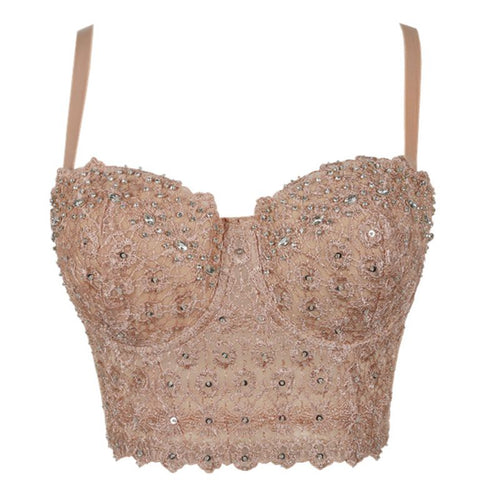 Sexy Women Embroidery Lace Bustier Crop Top Sequins Rhinestone Push Up