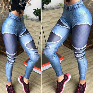 Sexy Women Leggings denim print Jeans High Waist Elastic Pants Fitness