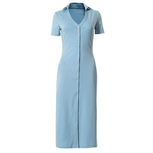 Shirt Dress Women Polo Collar Short Sleeve Blue Female Cardigan - Sophornlilly