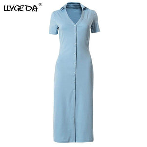 Shirt Dress Women Polo Collar Short Sleeve Blue Female Cardigan - Sophornlilly