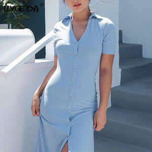 Shirt Dress Women Polo Collar Short Sleeve Blue Female Cardigan - Sophornlilly